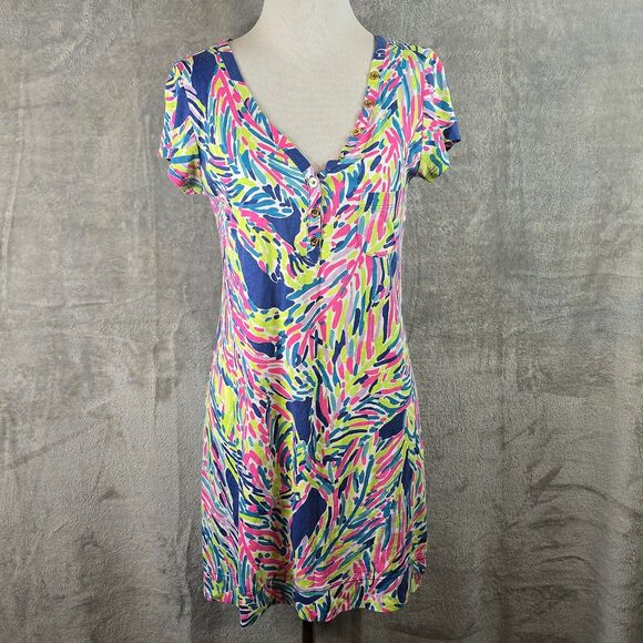 Lilly Pulitzer Palmira V Neck T-Shirt Dress in Indigo Palm Reader Size S - Picture 1 of 7